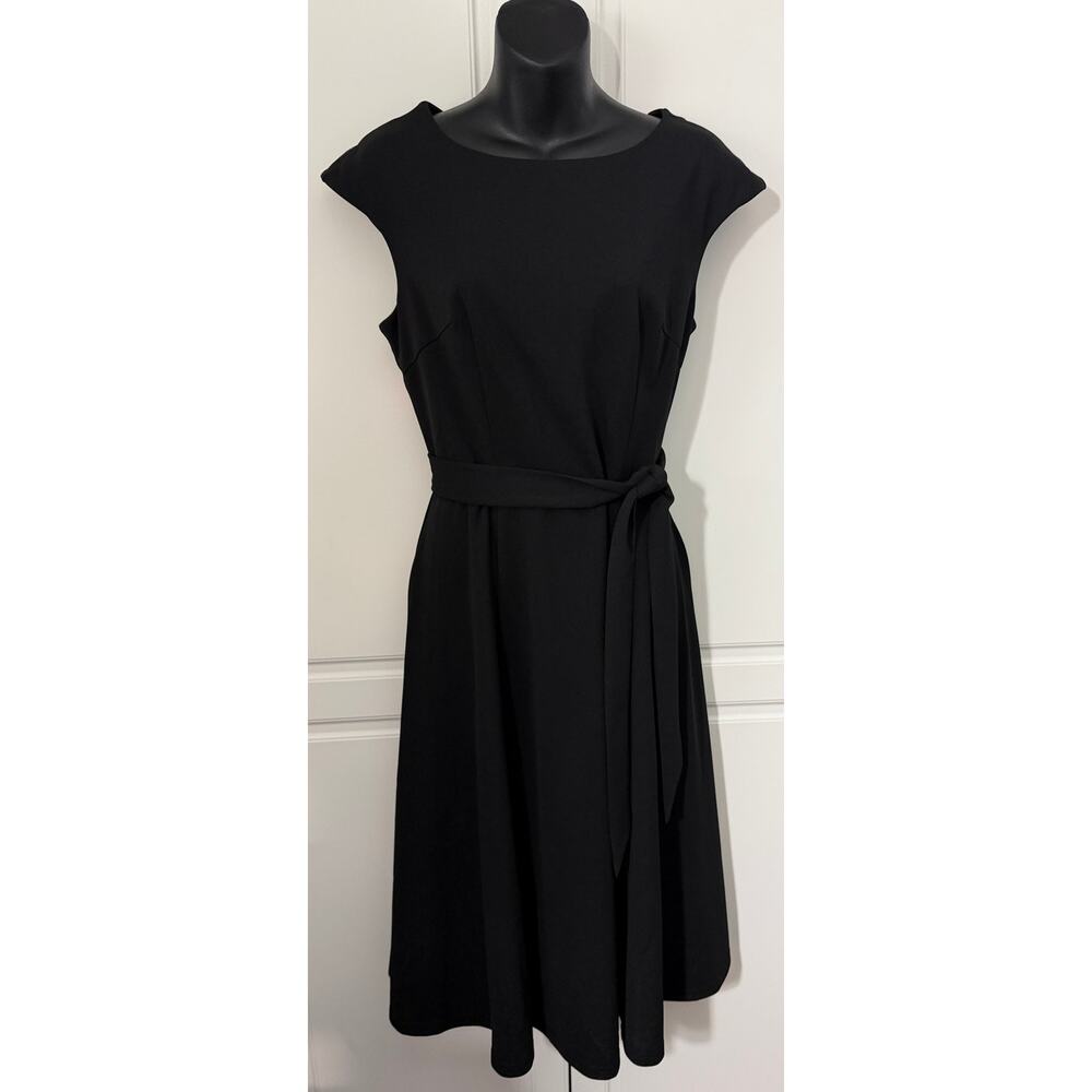 Dress Tells Black Midi Dress With Cap Sleeves Self Belt Size M  NWOT